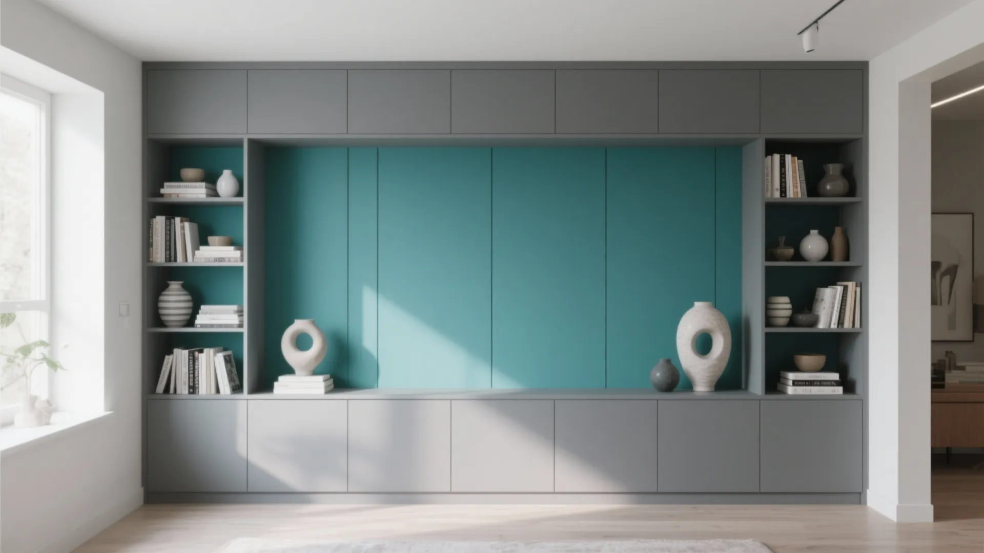Grey shelving with teal back panels displaying decor