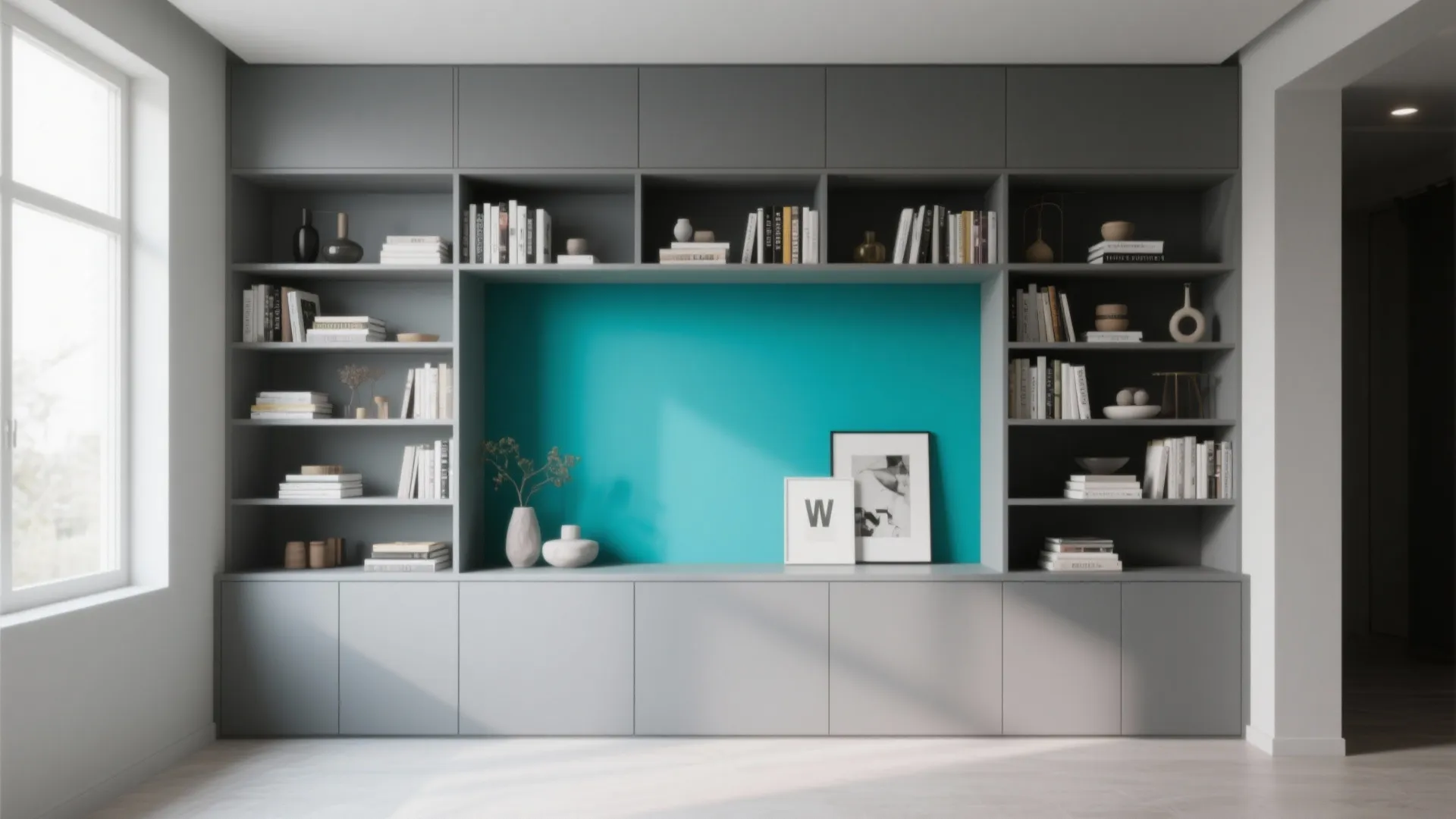 9. Grey Built-in Storage with Teal Back Panel
