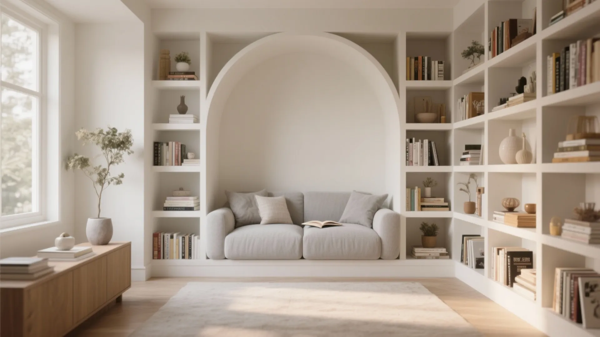 Small grey sofa tucked inside a white wall arch surrounded by large white built-in bookshelves