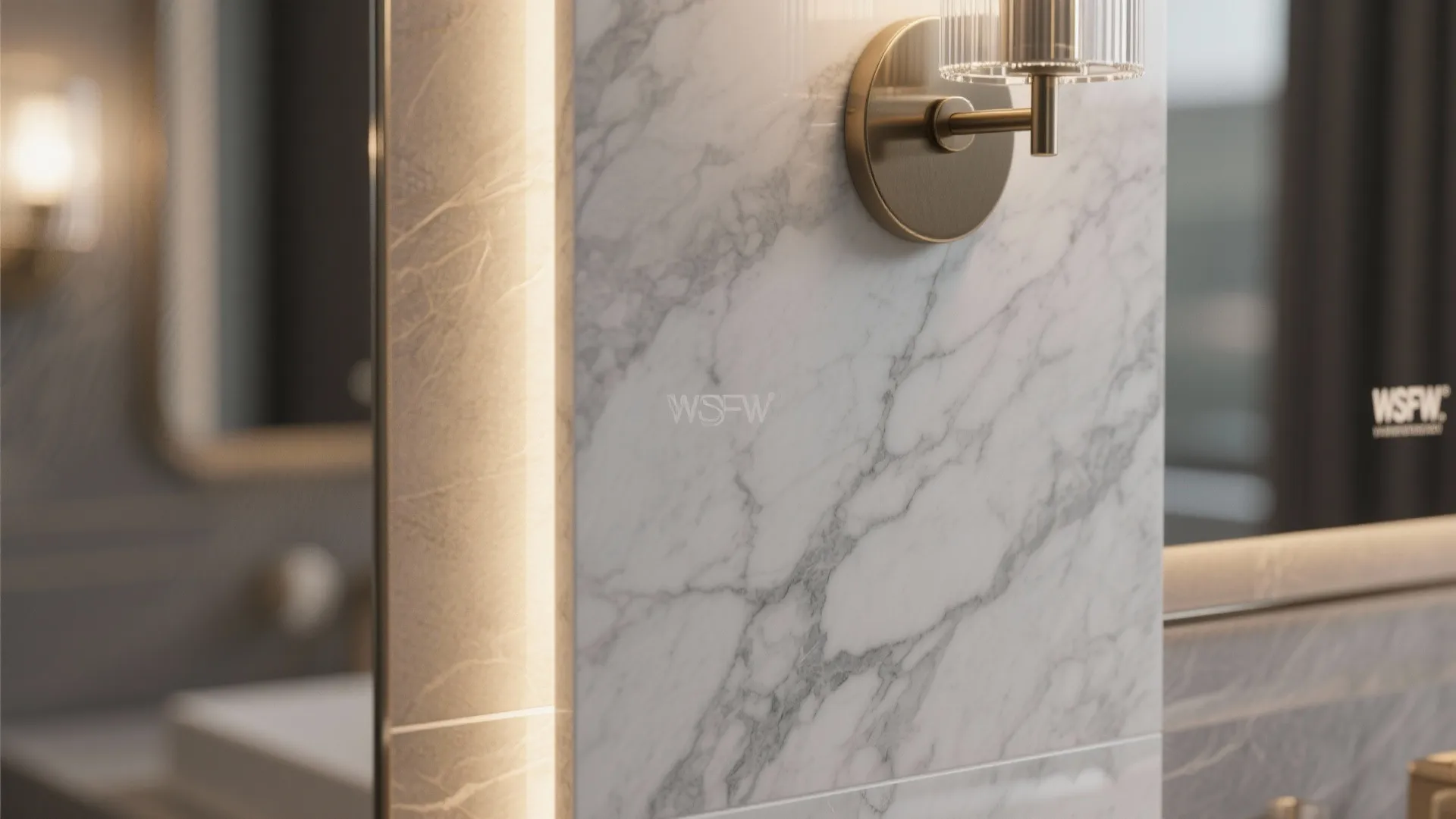 Close up view of white marble wall panel with grey veins and gold wall light