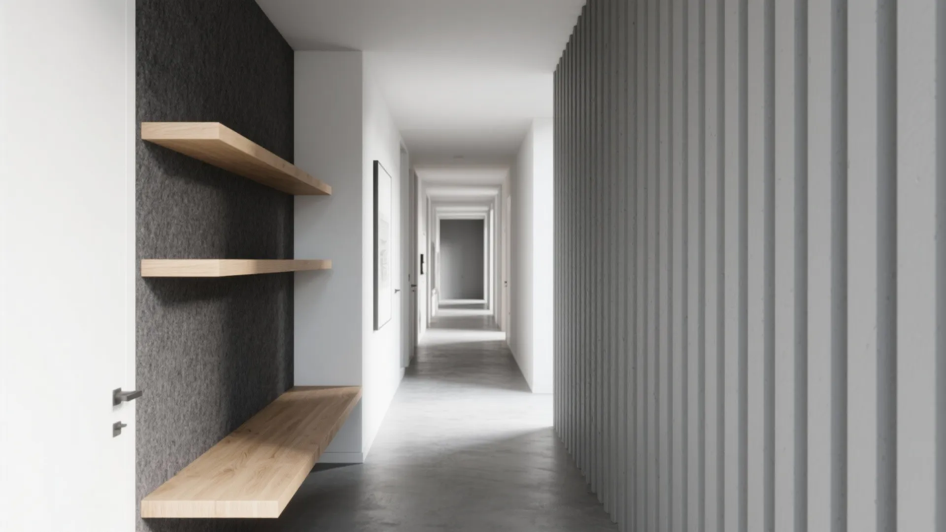 Modern white hallway with wooden floating shelves dark accent wall and vertical grey wall panel design