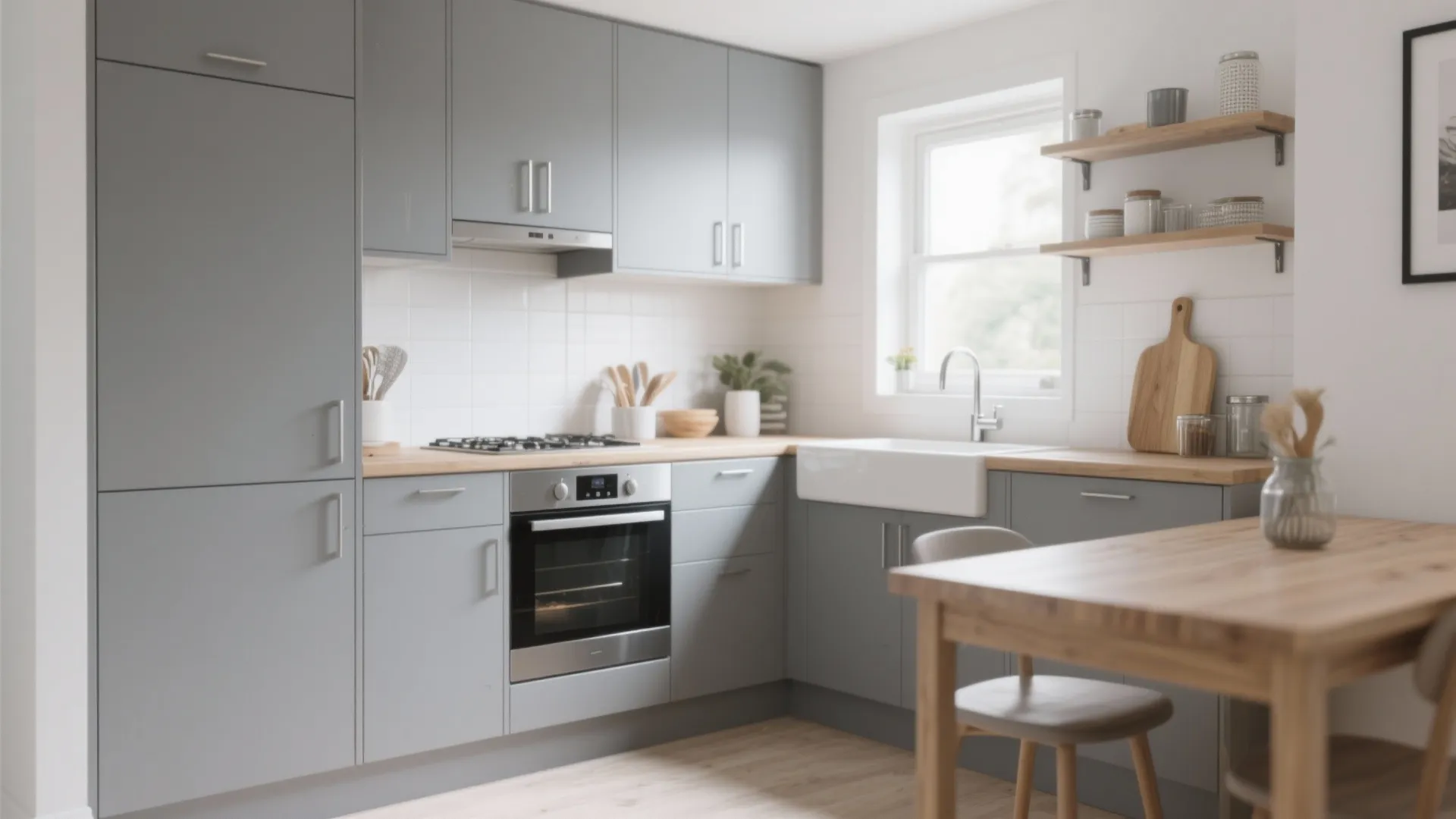 Small kitchen interior design with grey cabinets wooden countertops oven white sink and light wood floor