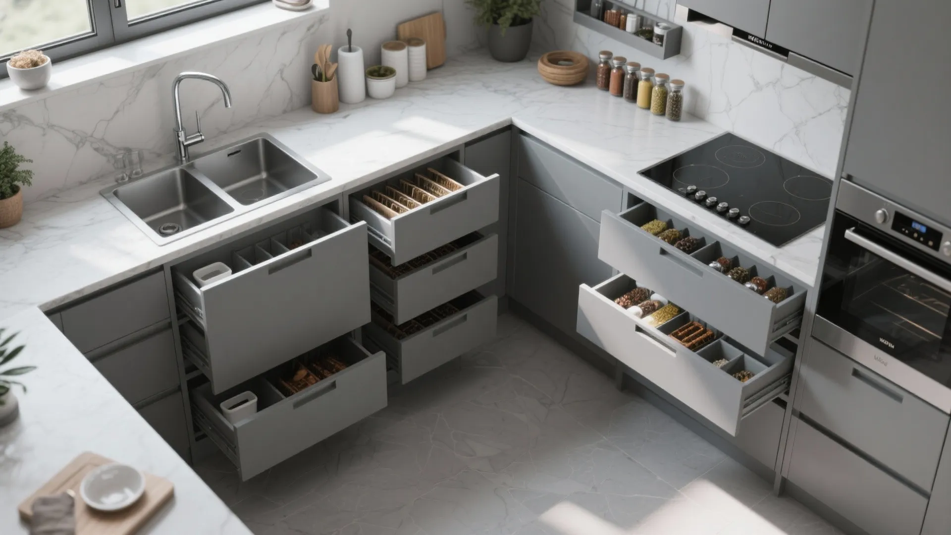 L-shaped grey kitchen showing open cabinet drawers with organized storage for spices and kitchen tools
