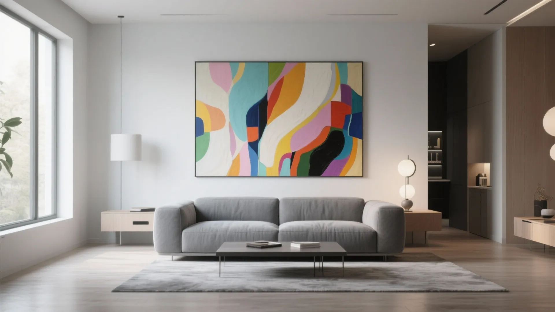 Grey sofa with a large colorful abstract painting behind it