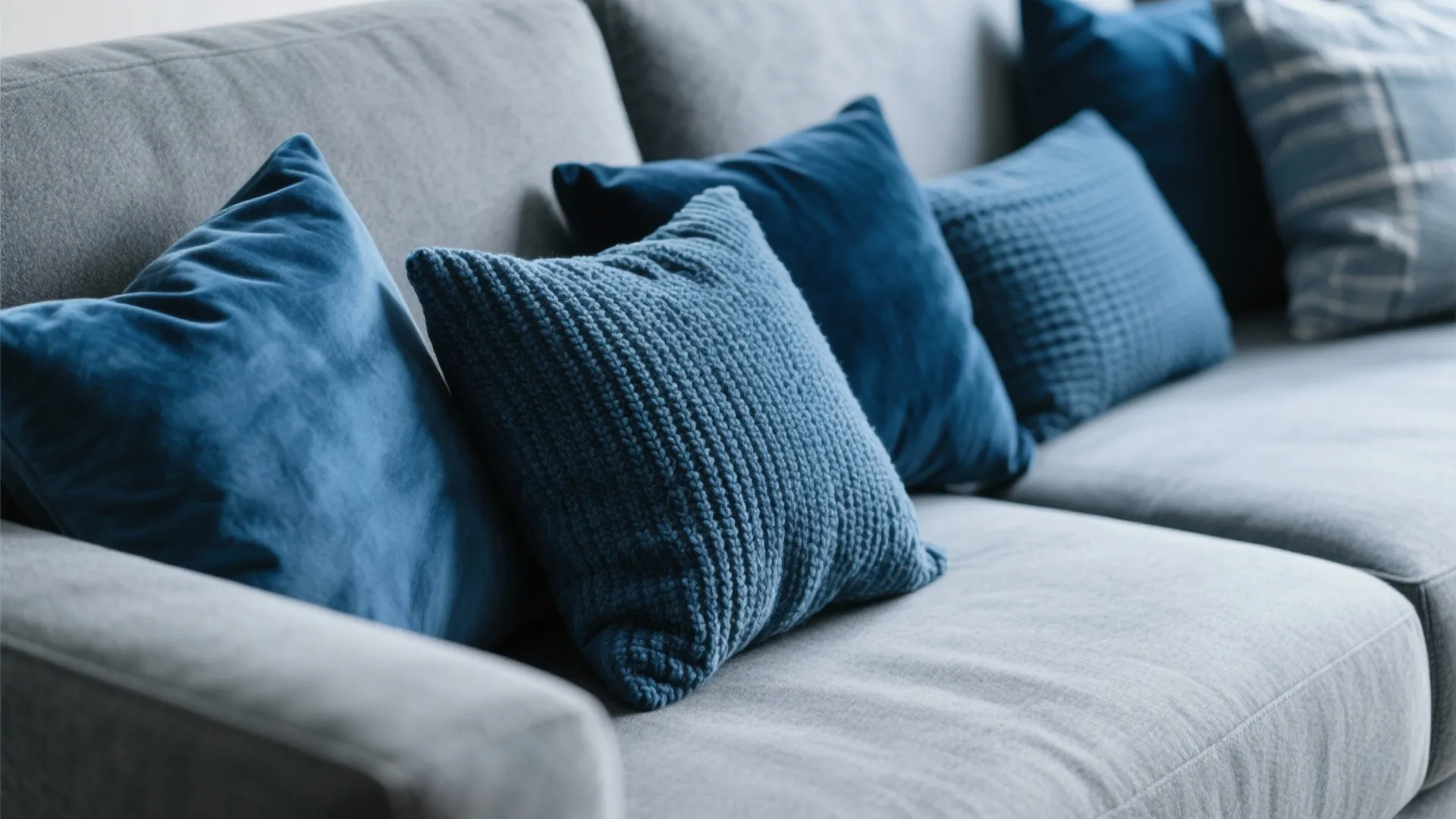 Grey sofa with blue pillows in mixed fabrics