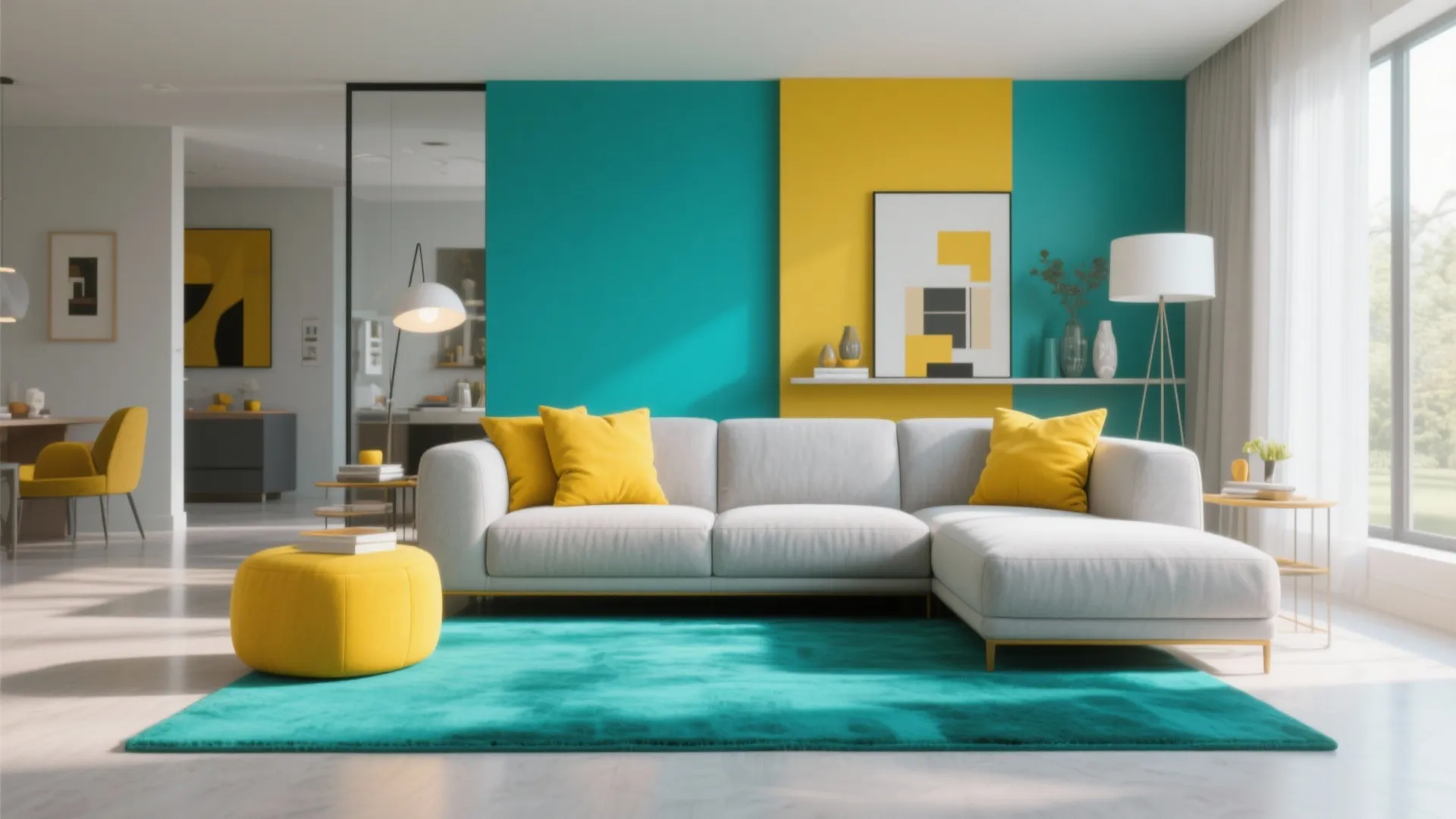 Grey sofa with mustard cushions and a teal rug in a modern living room