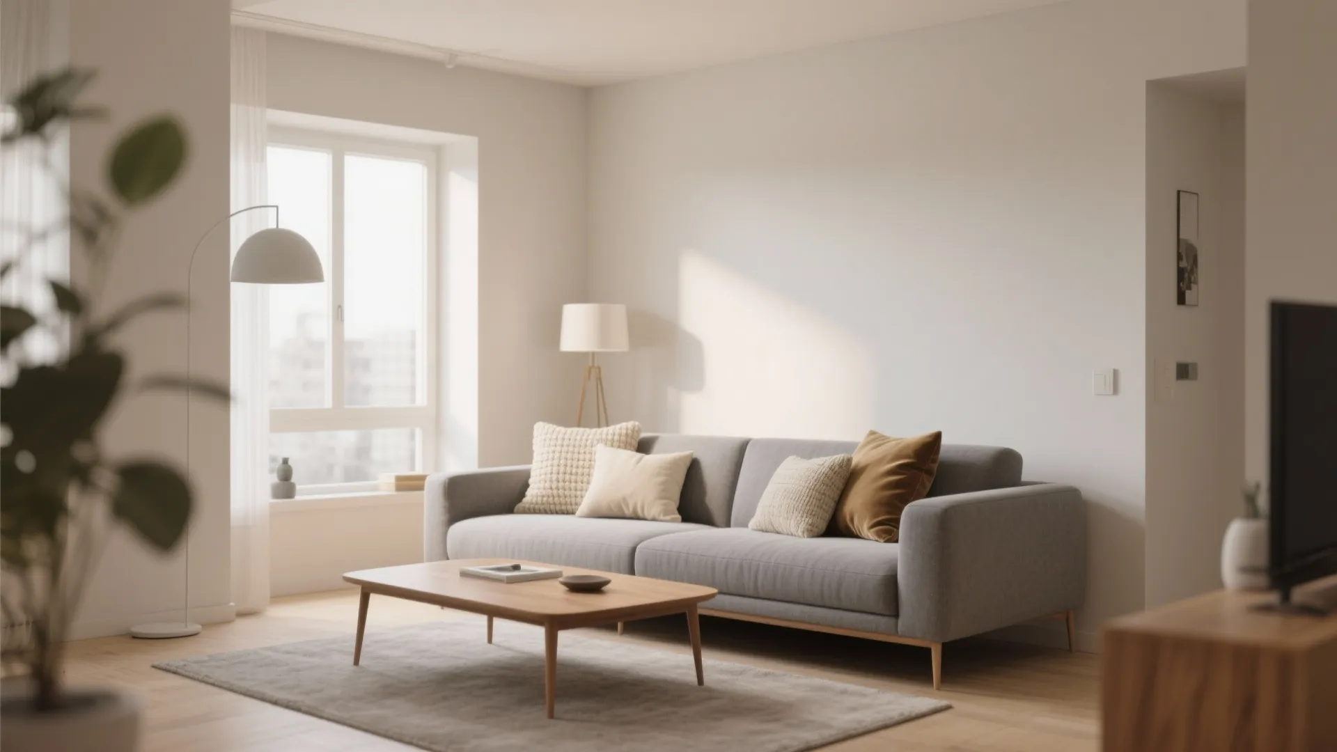 Minimalist grey sofa with cream throw pillows in small living room