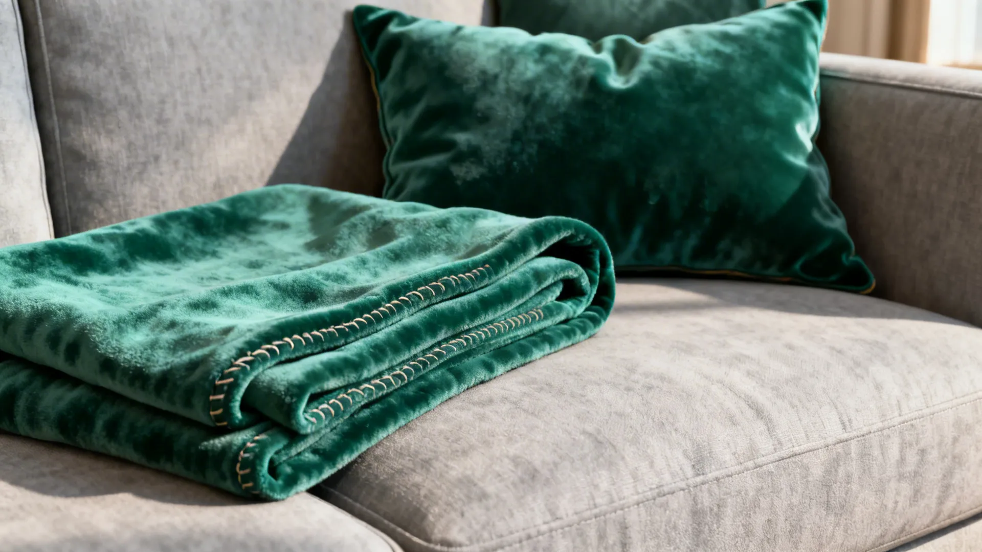 Close-up of grey sofa with emerald velvet pillows and a matching throw, showing fabric texture
