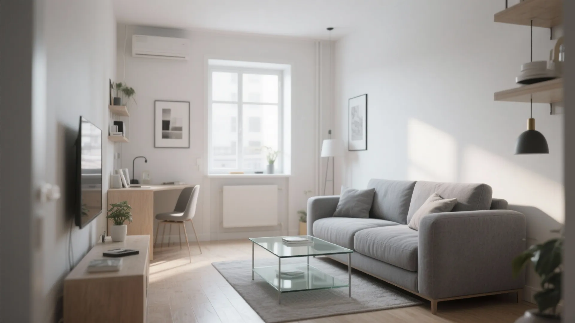 Bright living room with grey sofa, glass coffee table, small desk, and wooden floor boards