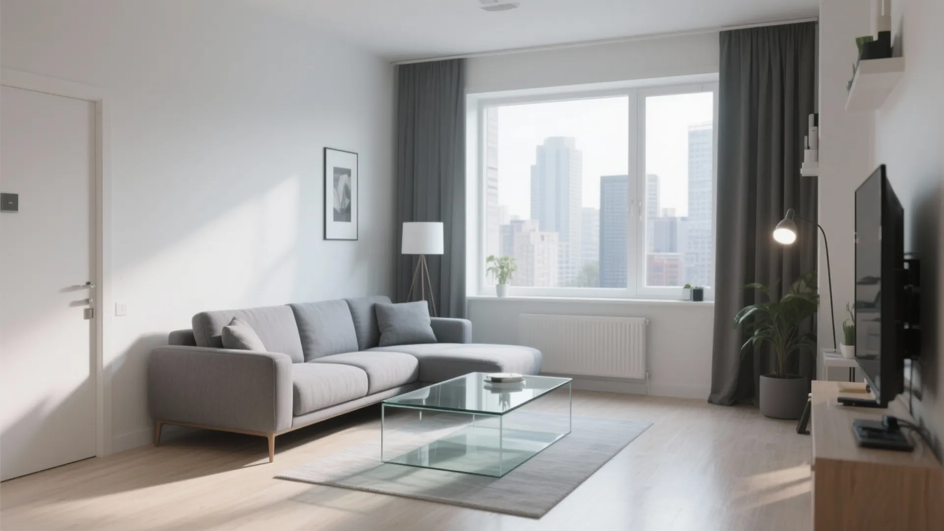 Grey sofa with a clear glass coffee table in a bright small living room