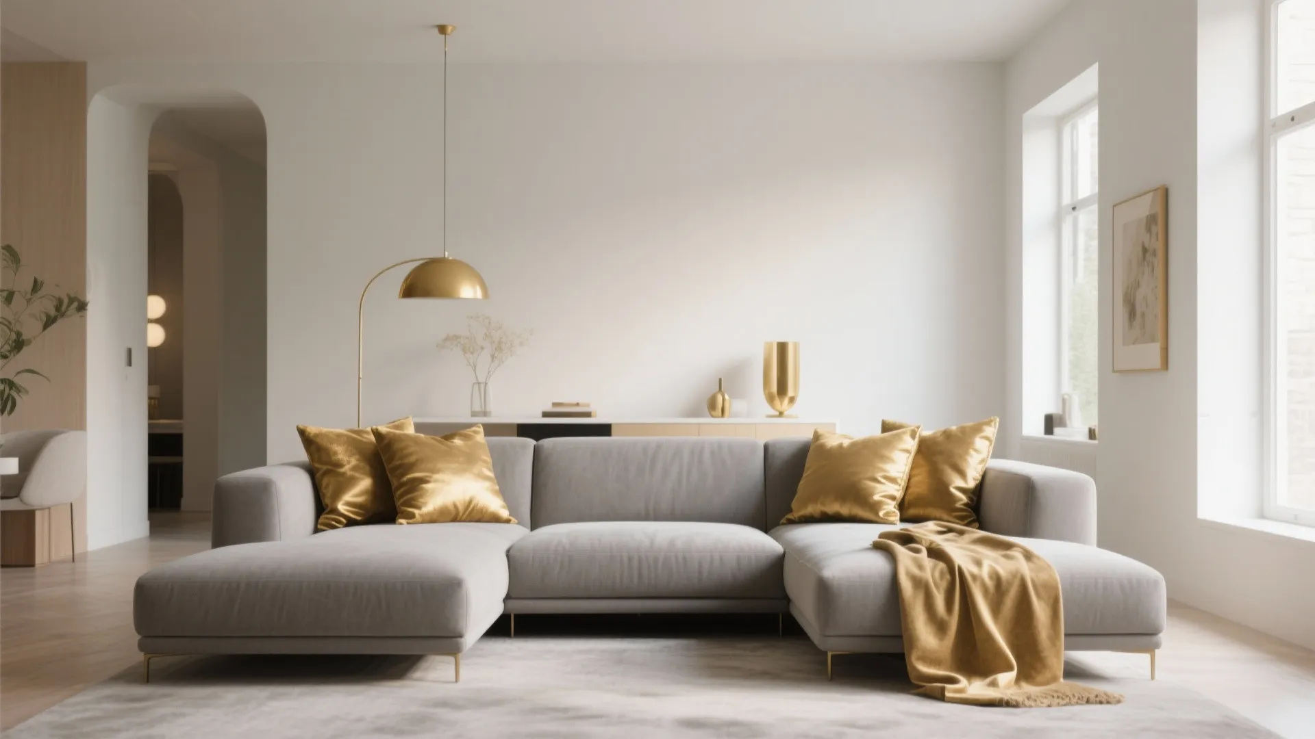 Minimalist grey sofa with golden cushions in a bright living room