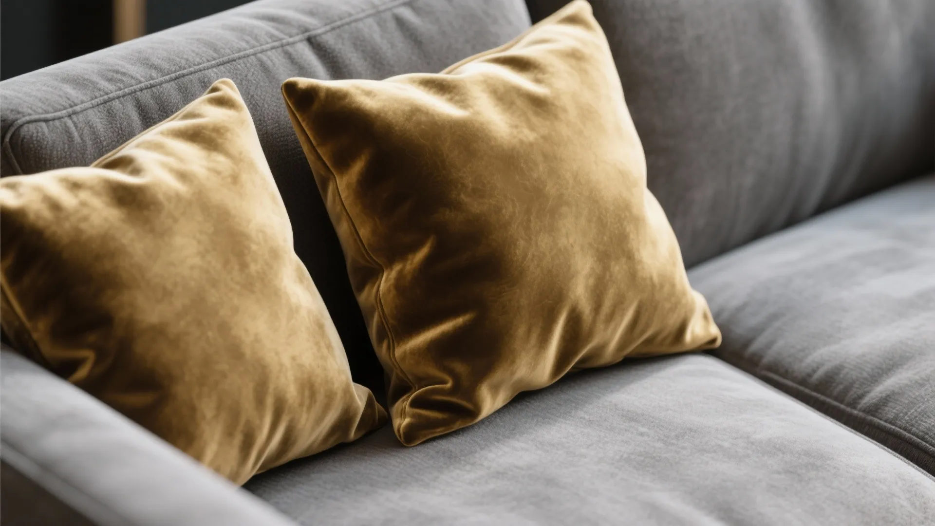 2. Velvet Gold Cushions on Grey Sofa