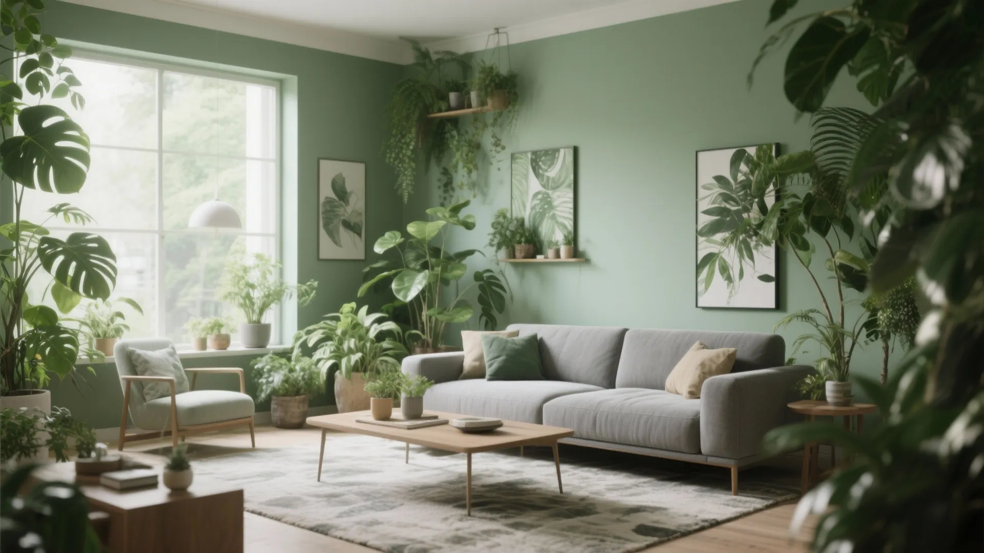 Grey sofa against sage green walls with lush indoor plants