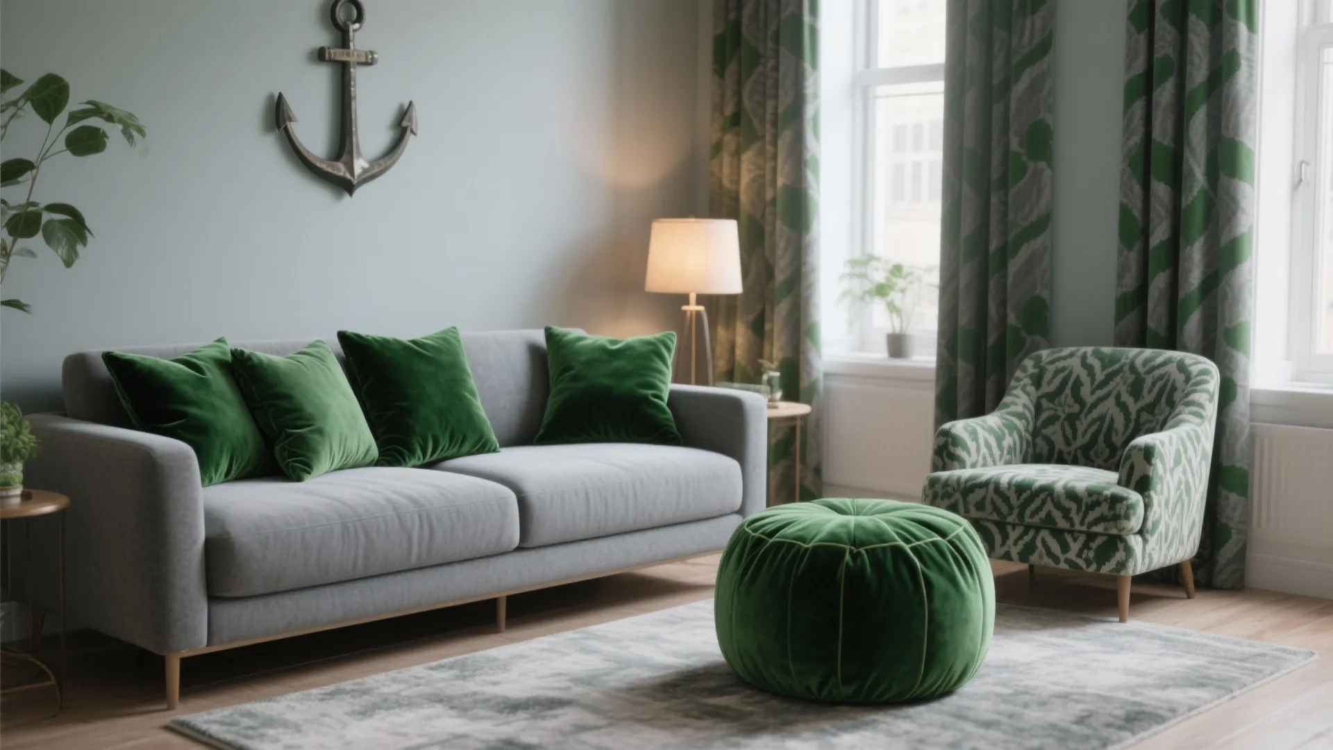 2. Grey Sofa, Green Accessories