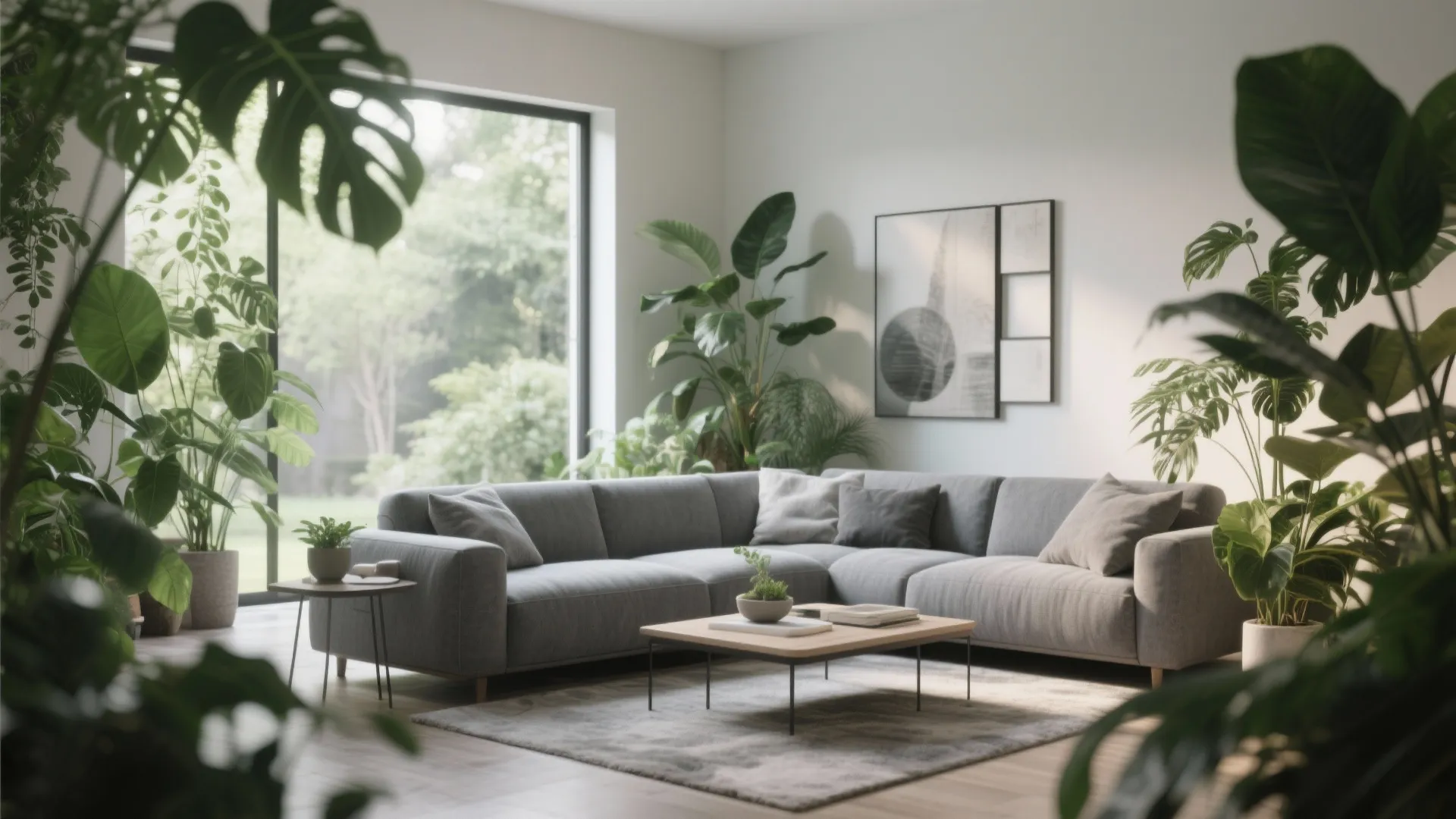 Living room with grey sofa and lush indoor plants