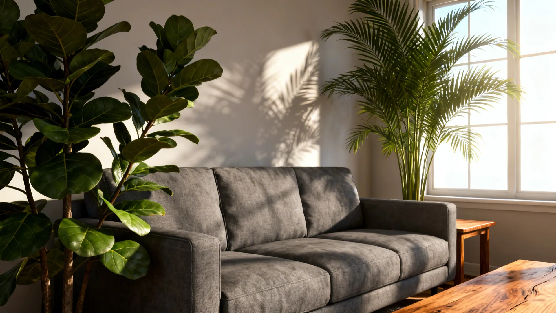 Grey sofa flanked by tall indoor plants and a wooden side table, creating a warm natural feel.