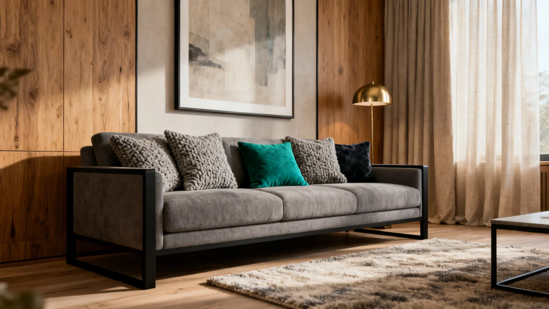 Modern living room with grey sofa wood wall panels gold floor lamp and large painting