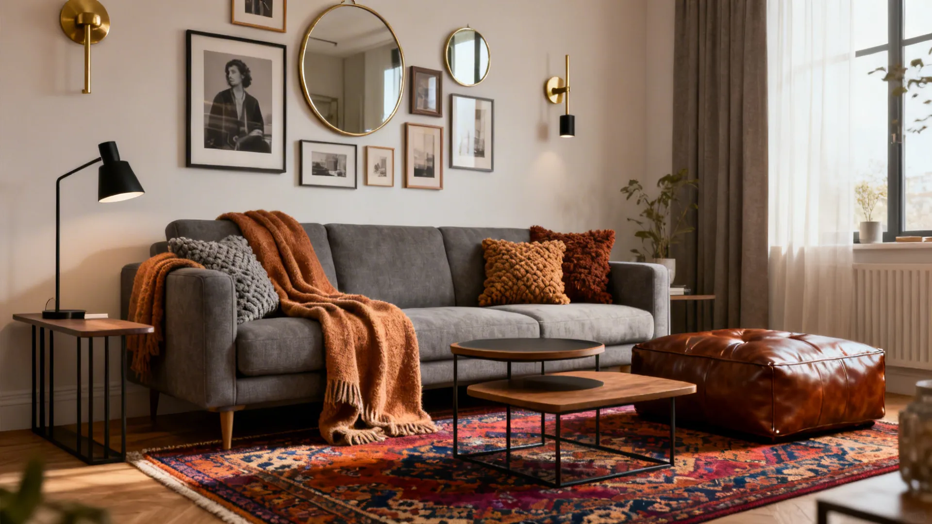 Warm living room with grey sofa orange blanket gallery wall round mirrors and colorful rug