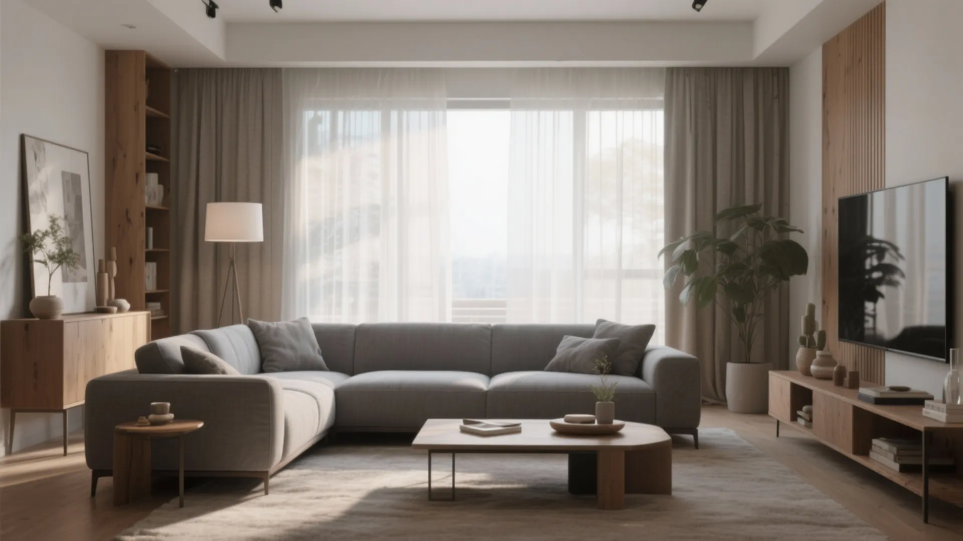 Modern living room with grey sofa wooden coffee table television cabinet and large window with curtains