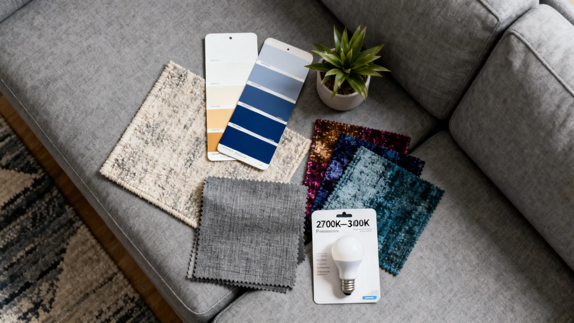 Top-down flatlay of paint, rug, and fabric samples for styling a grey sofa
