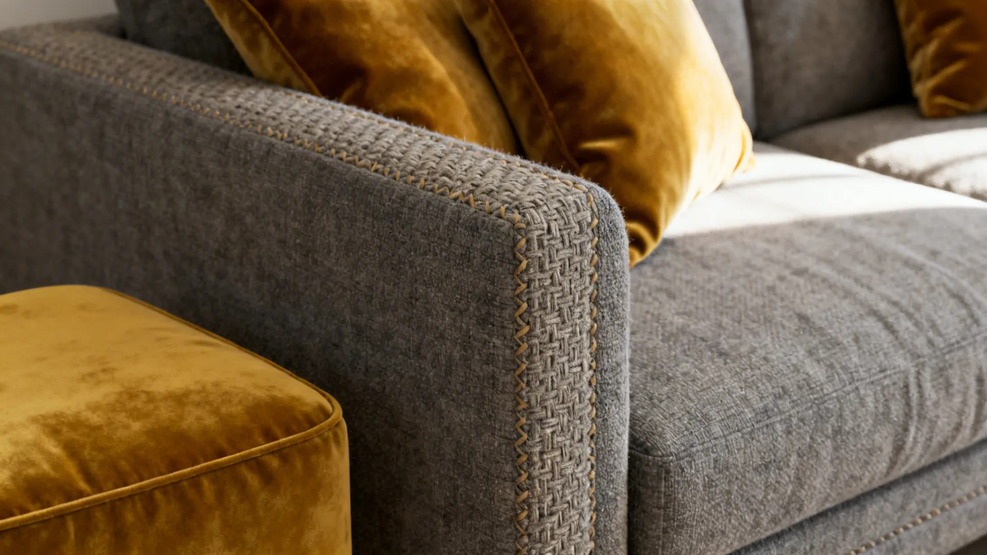 Grey sofa corner with velvet mustard cushions and a mustard ottoman detail