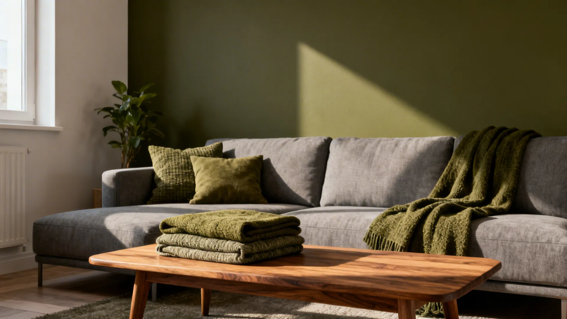 Mid-grey sofa in front of an olive accent wall with warm wood furniture and textured throws.