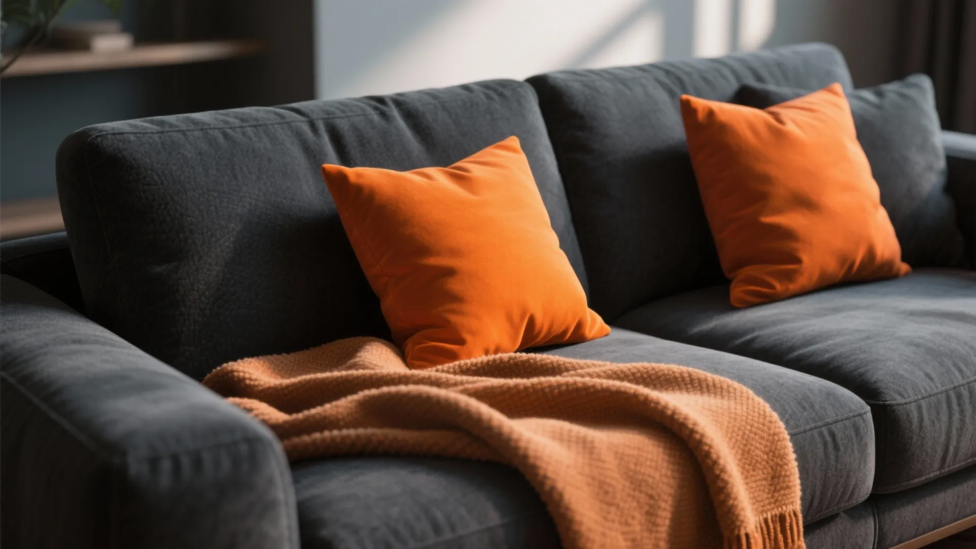 2. Grey Sofa with Orange Throw Pillows