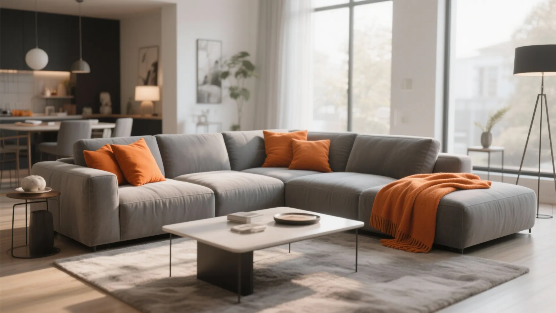 7. Grey Sectional with Orange Throw Blankets