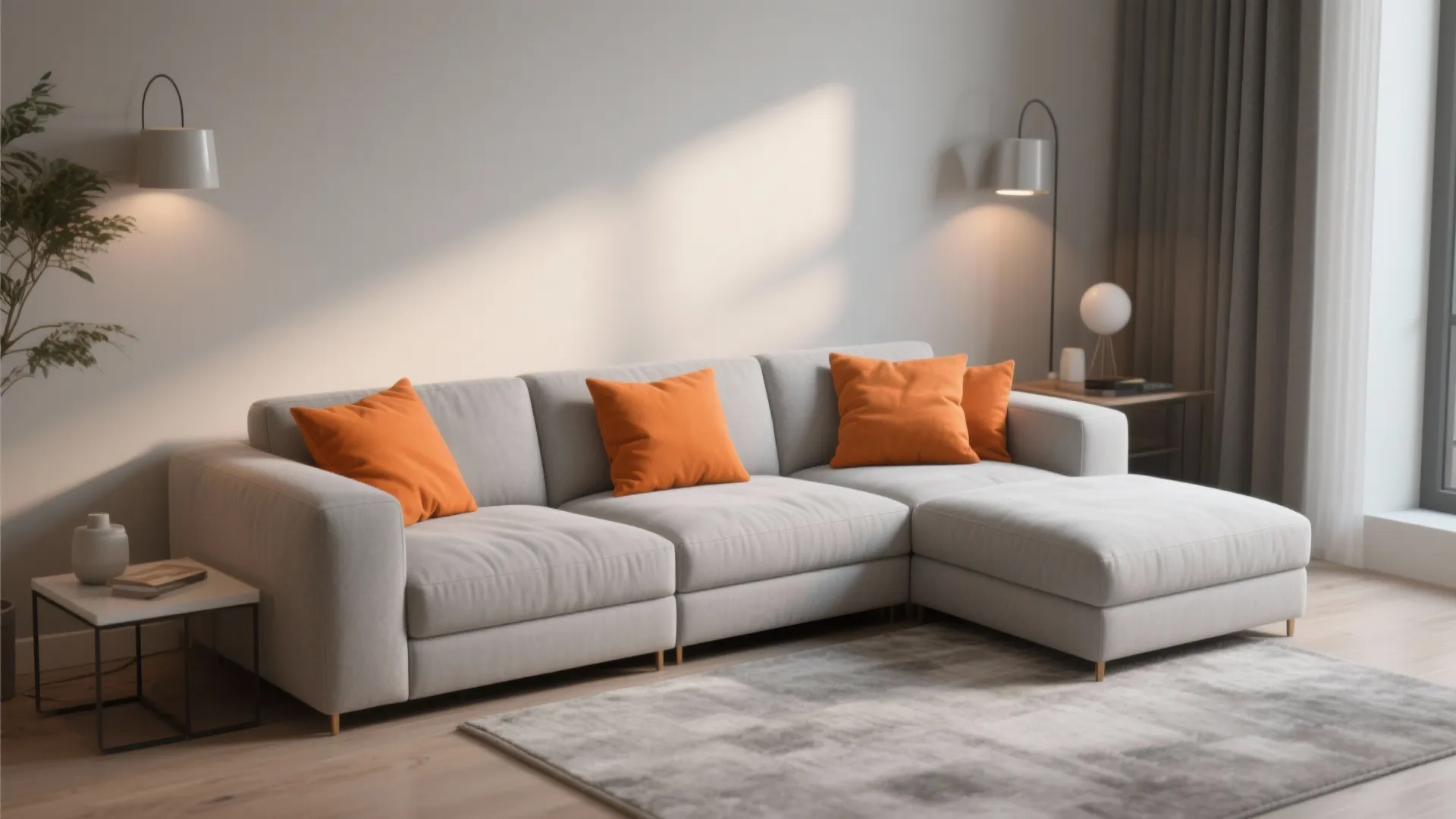 Grey Modular Sofa with Burnt Orange Throws