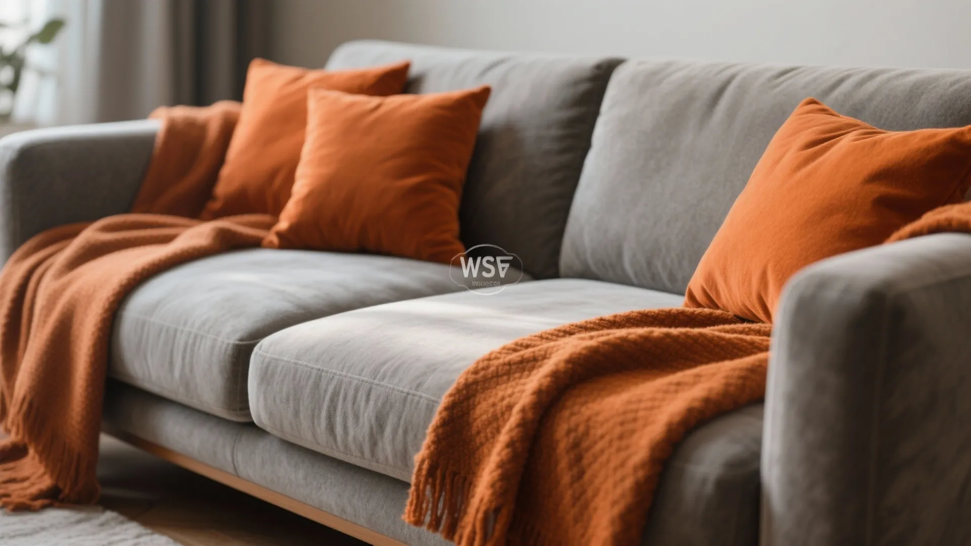 2. Grey Sofa, Orange Throws