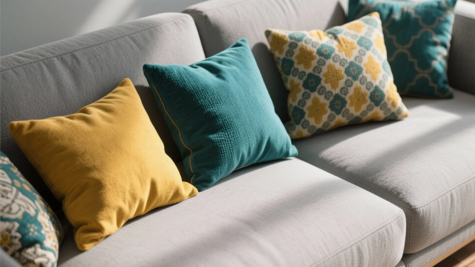 7. Grey Couch with Colorful Throw Pillows
