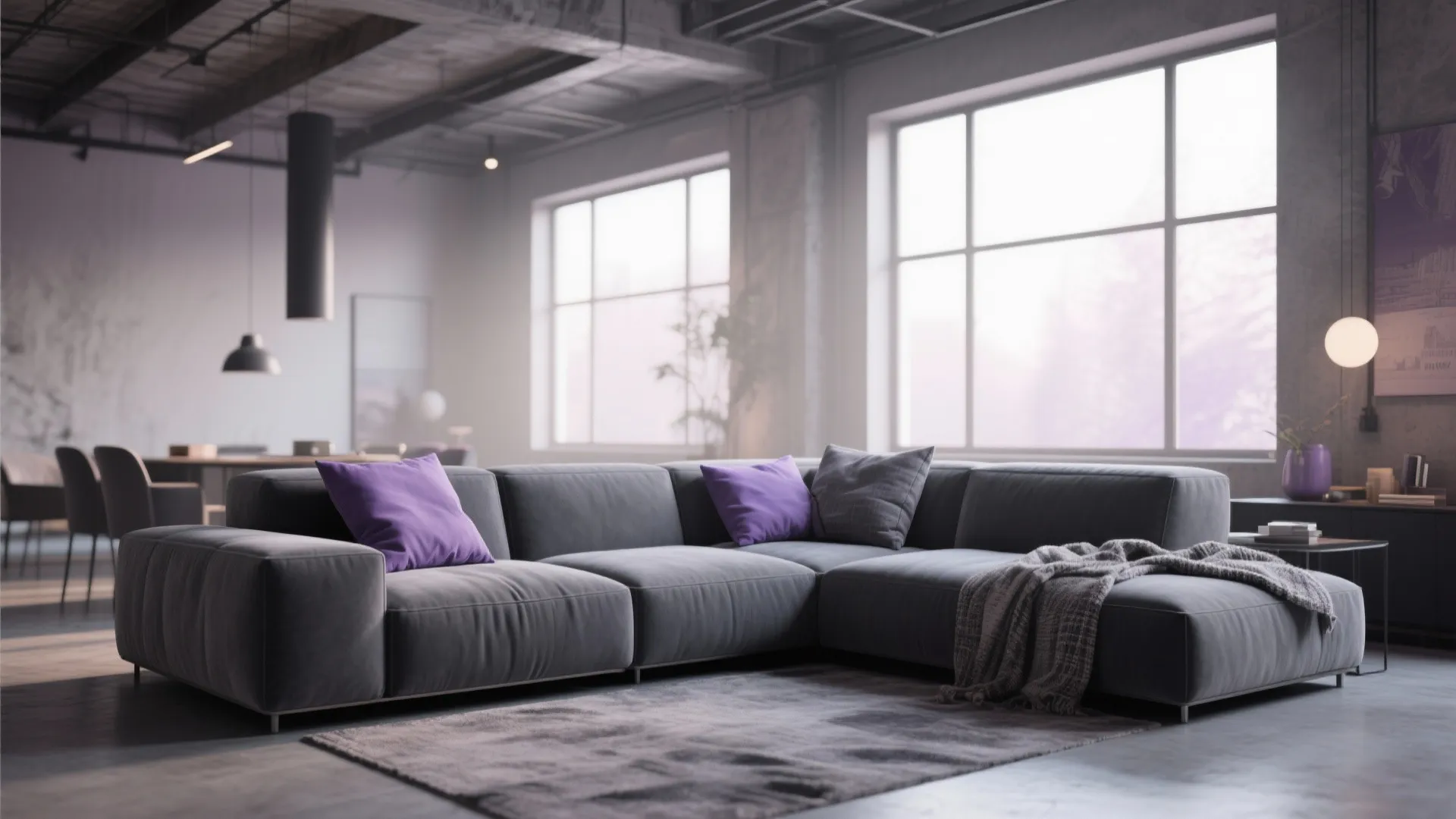 2. Grey Modular Sofa with Purple Cushions