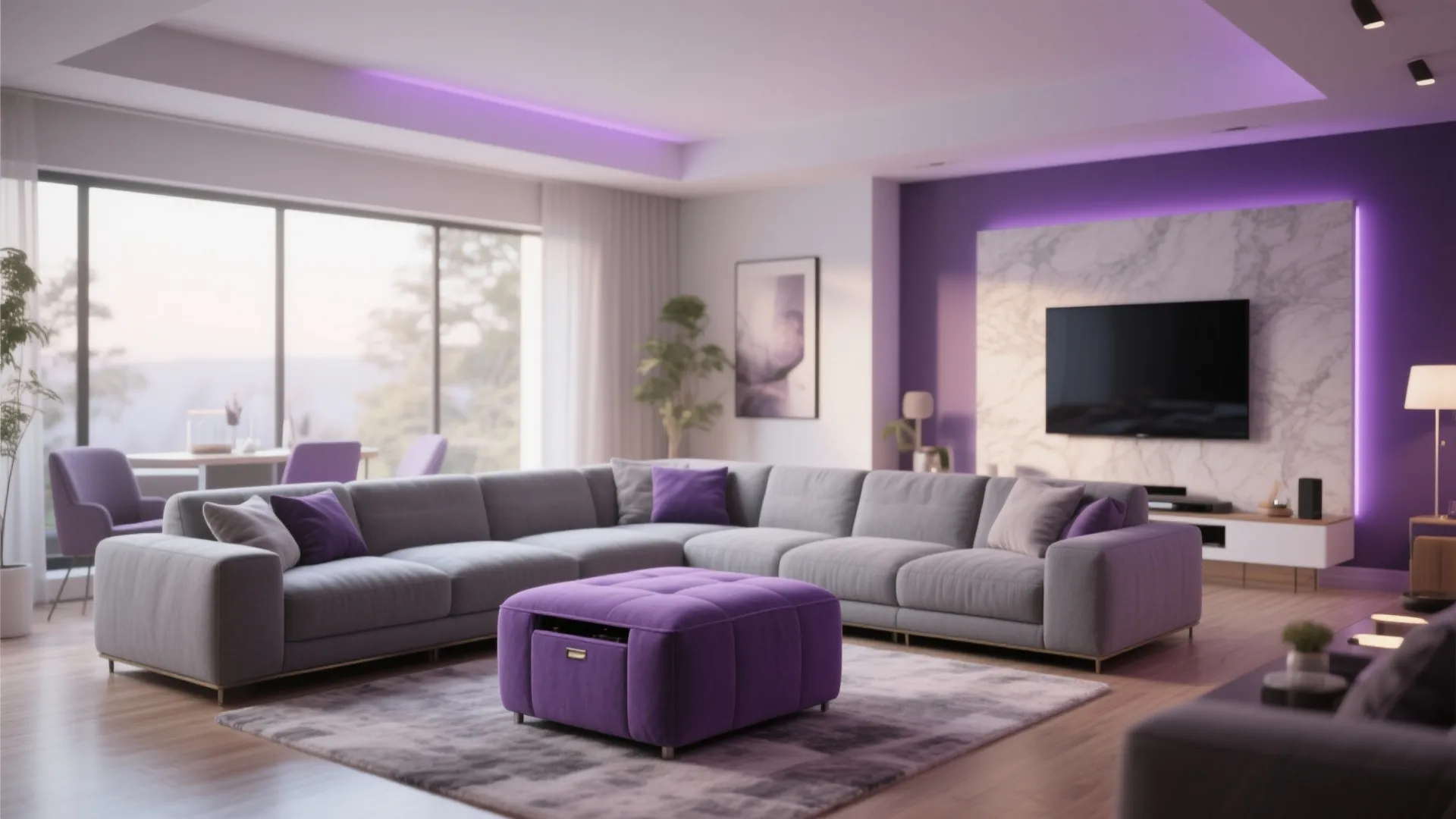 9. L-shaped Grey Sofa with Purple Ottoman