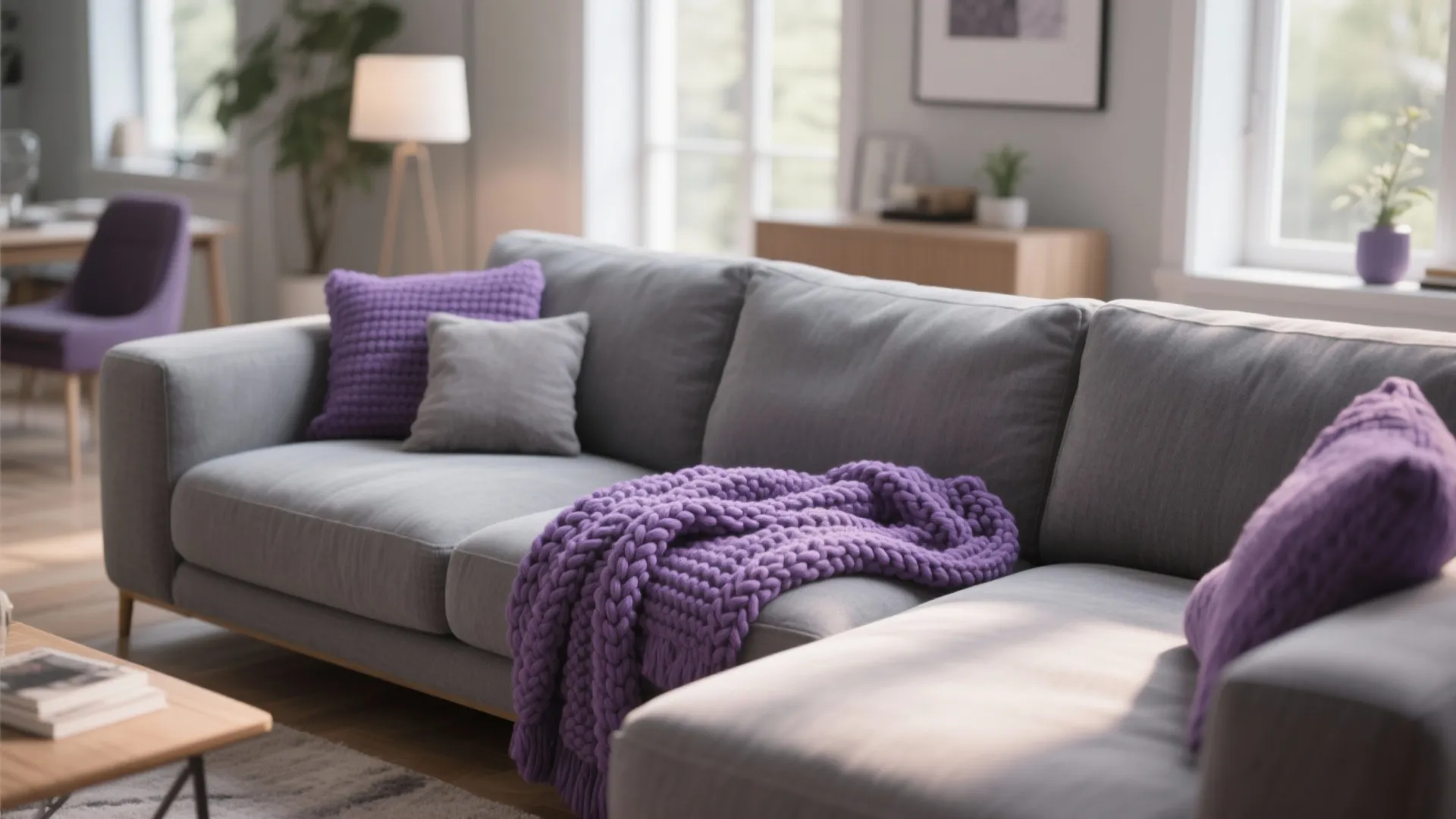 9. Grey Sectional with Purple Throw Blanket
