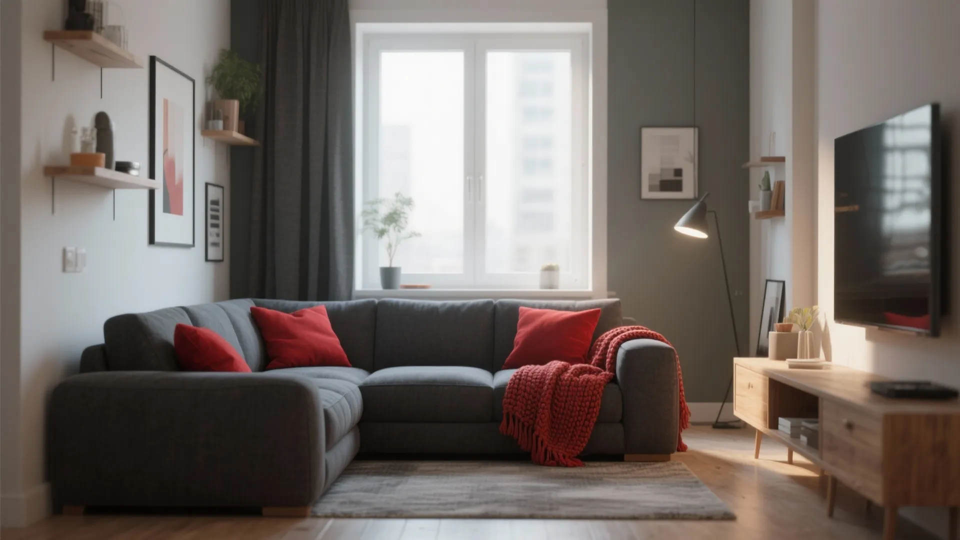 Grey corner sofa with red pillows and blanket in a living room with wooden floor