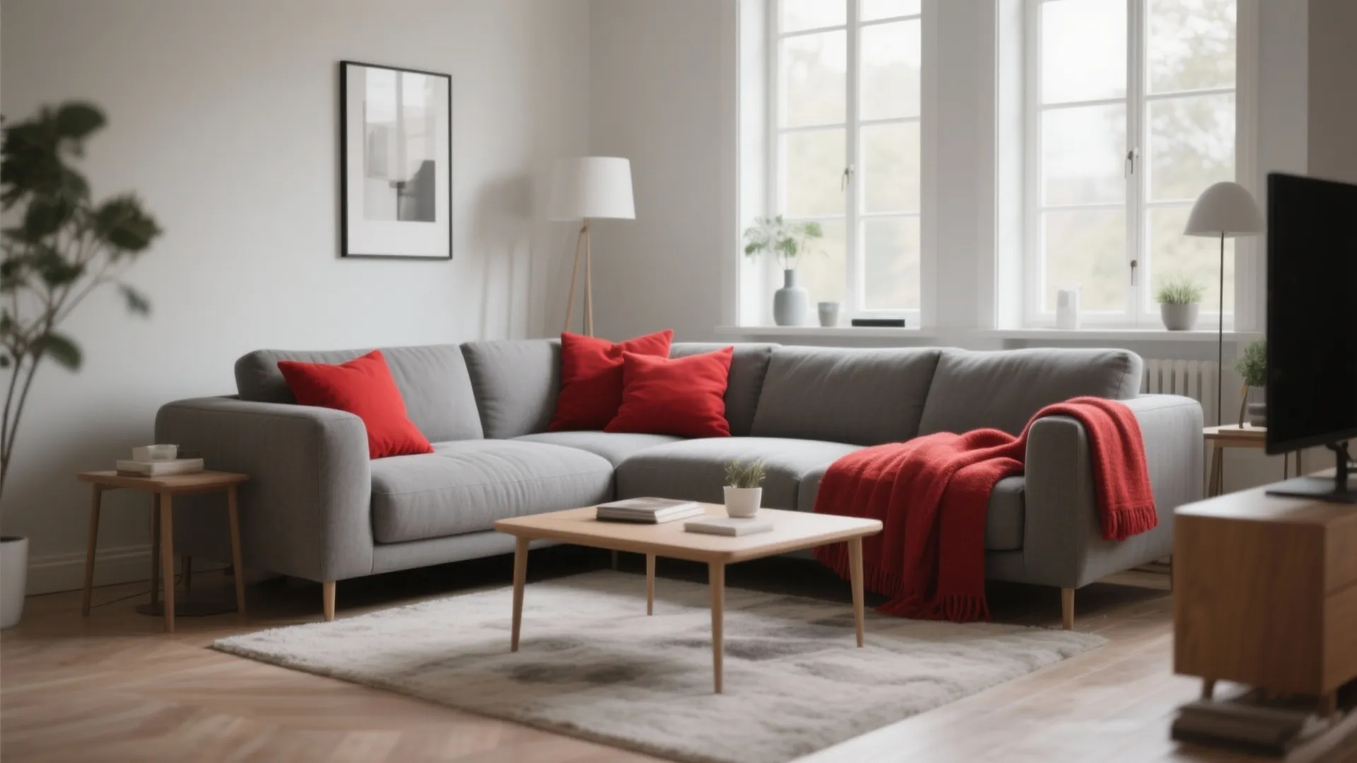 2. Grey Sofa with Red Throw Pillows