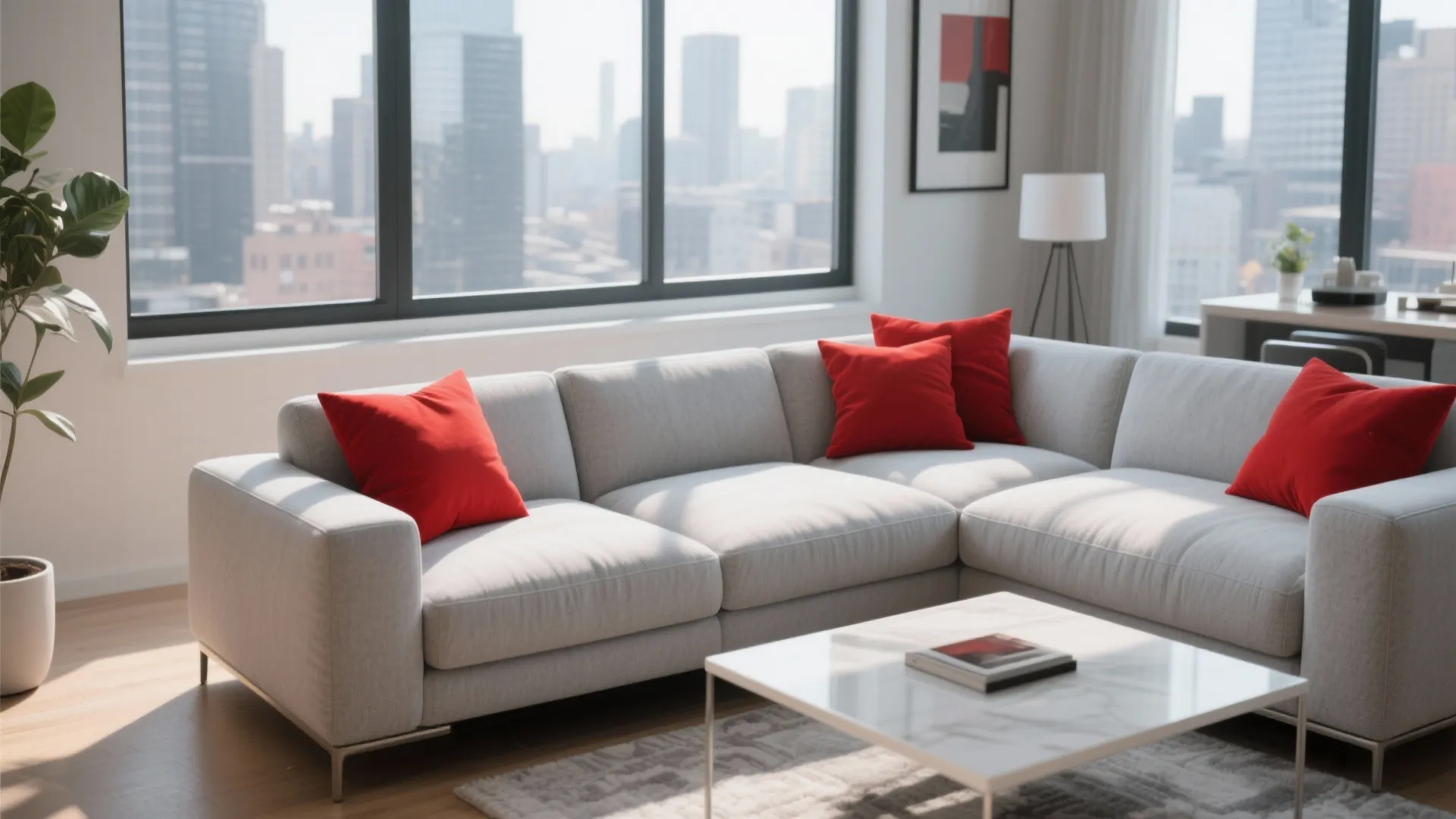 2. Grey Modular Sofa with Red Throw Pillows
