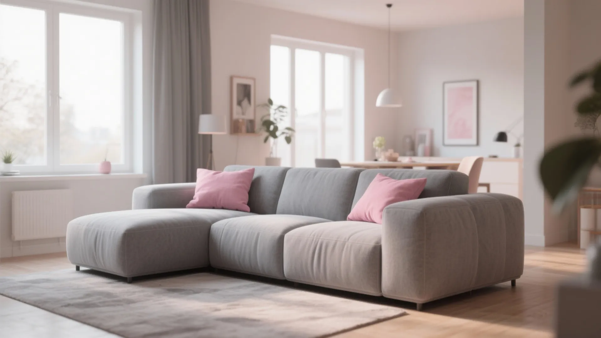 2. Grey Modular Sofa with Rose-Toned Cushions
