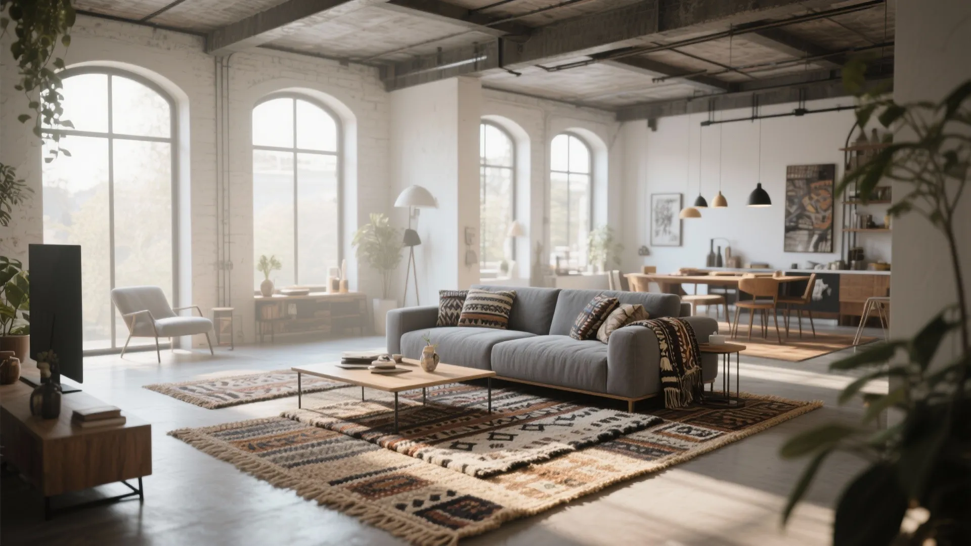 Modern industrial living room with grey sofa patterned rugs wooden table large windows and plants