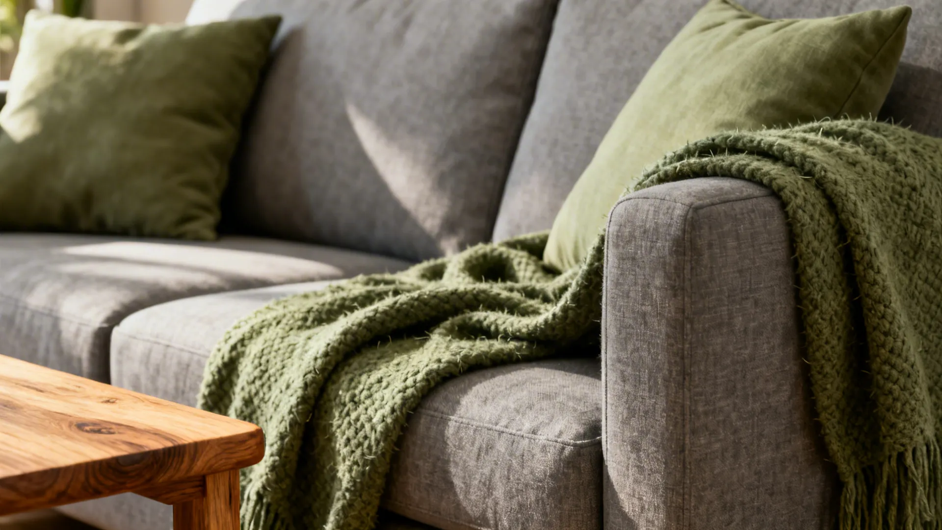 Close-up of a medium-grey sofa with sage cushions and natural wood table corner