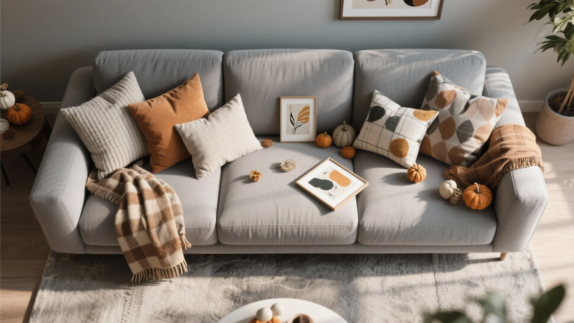 Grey sofa decorated with orange pillows and small pumpkins for a cozy seasonal interior design