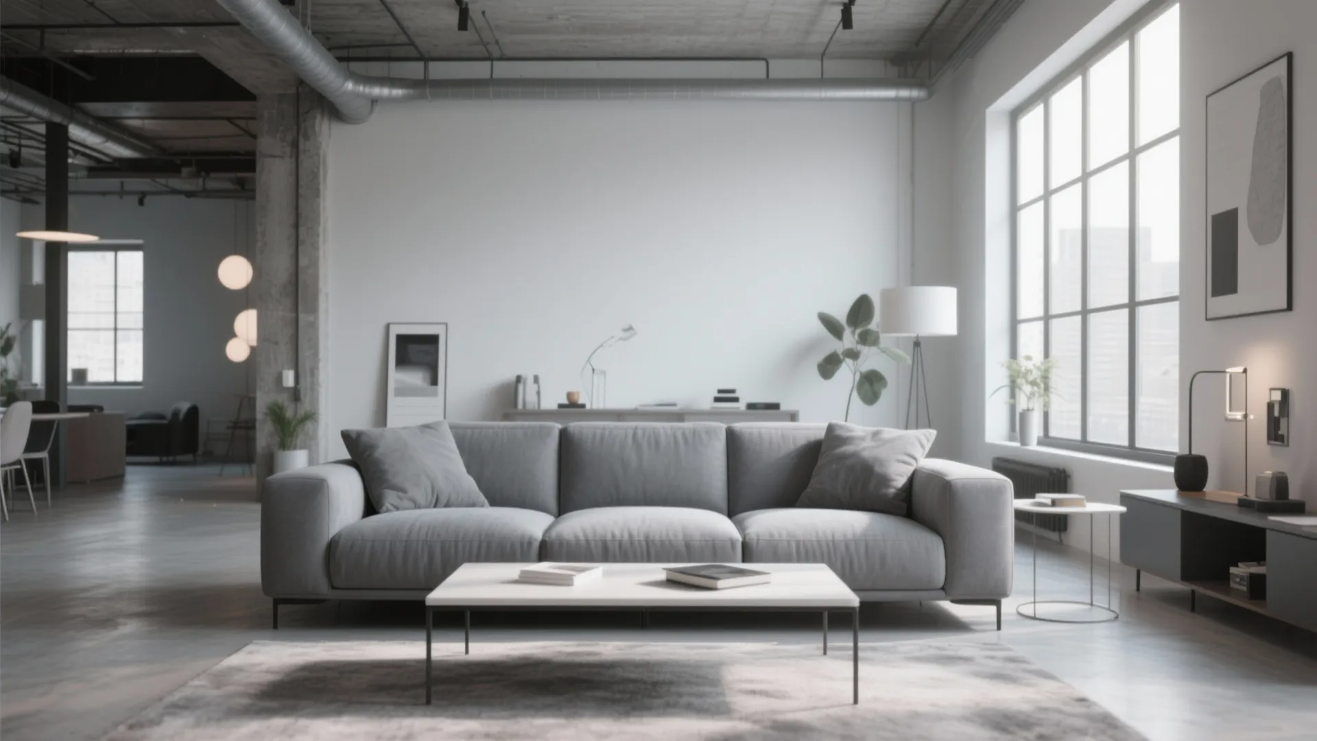 Modern loft with a large grey statement sofa
