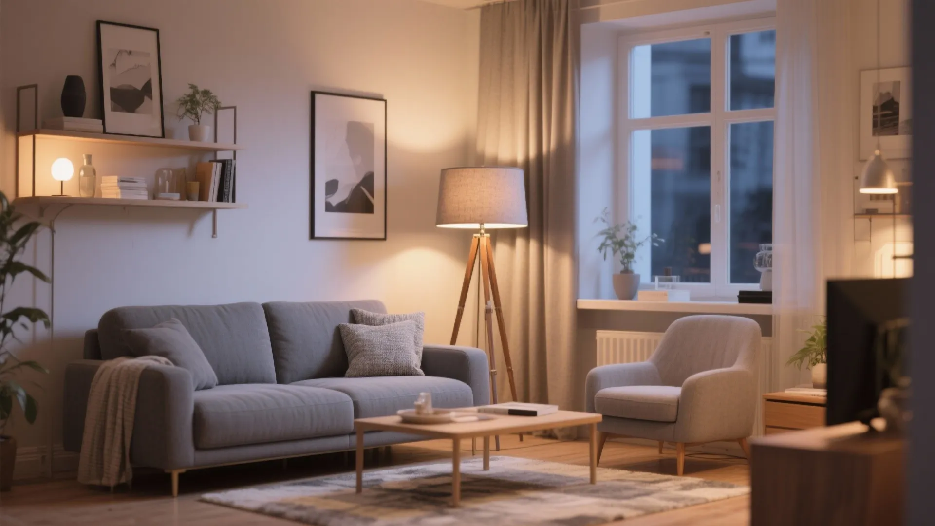 Grey sofa with mid-century statement floor lamp in warm lighting