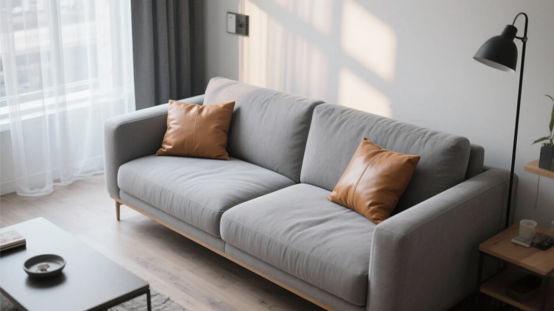 Minimalist grey sofa with tan leather cushions