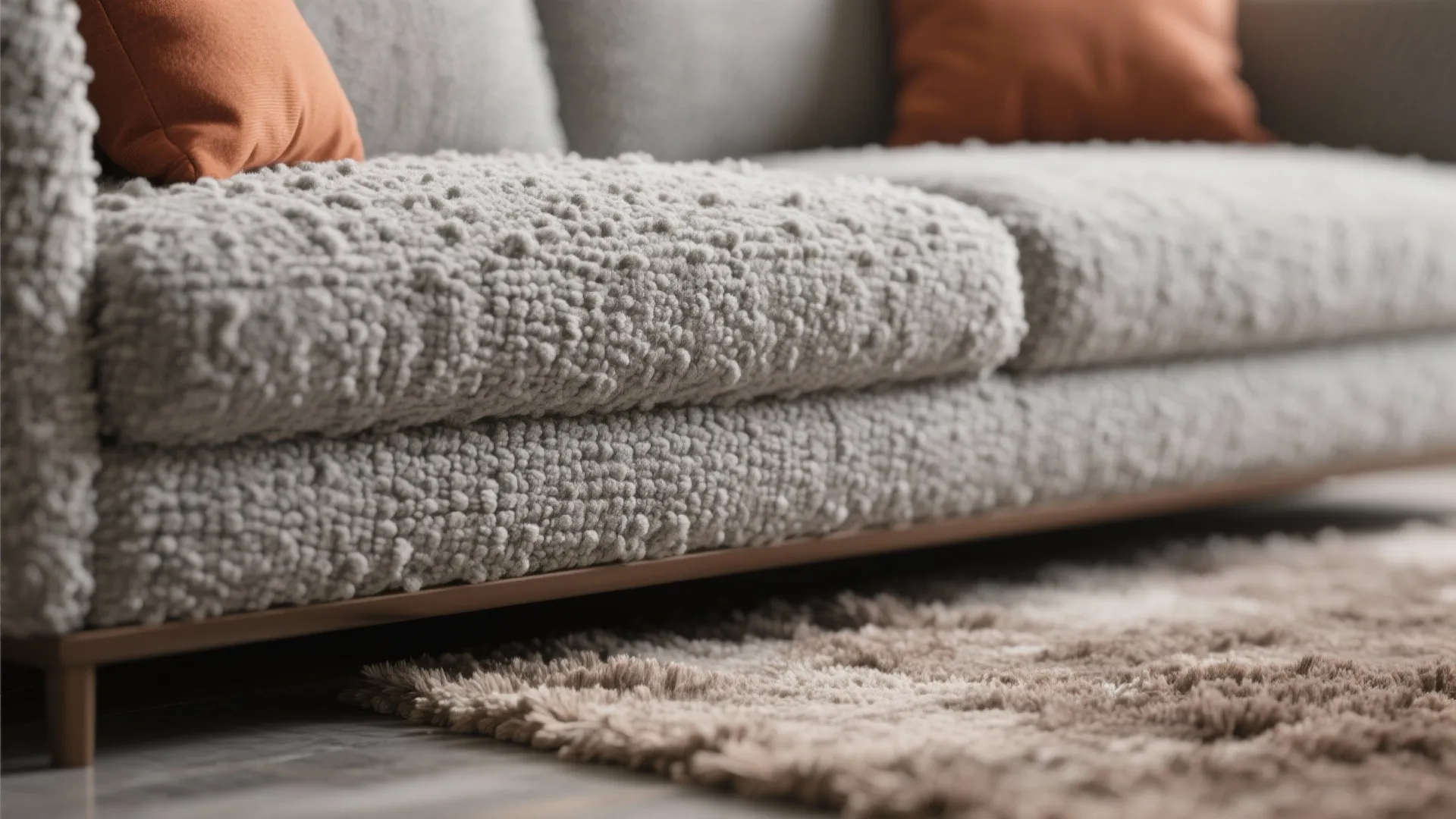 Close up view of a textured grey fabric sofa with orange pillows and soft rug