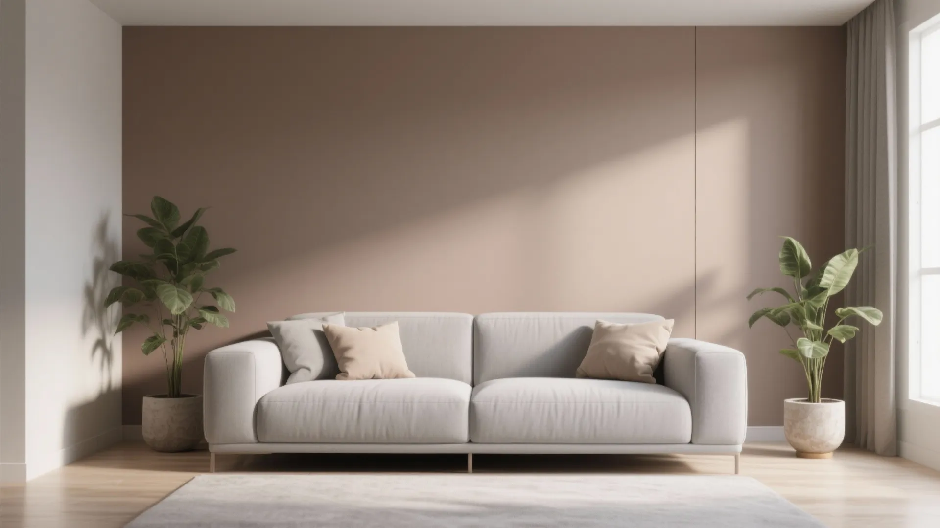 1. Minimalist Grey Sofa with Taupe Walls