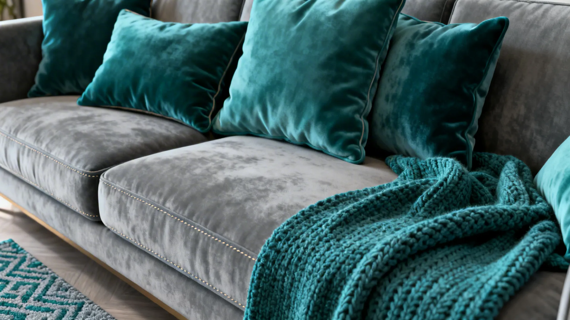 2. Grey Sofa, Teal Accessories