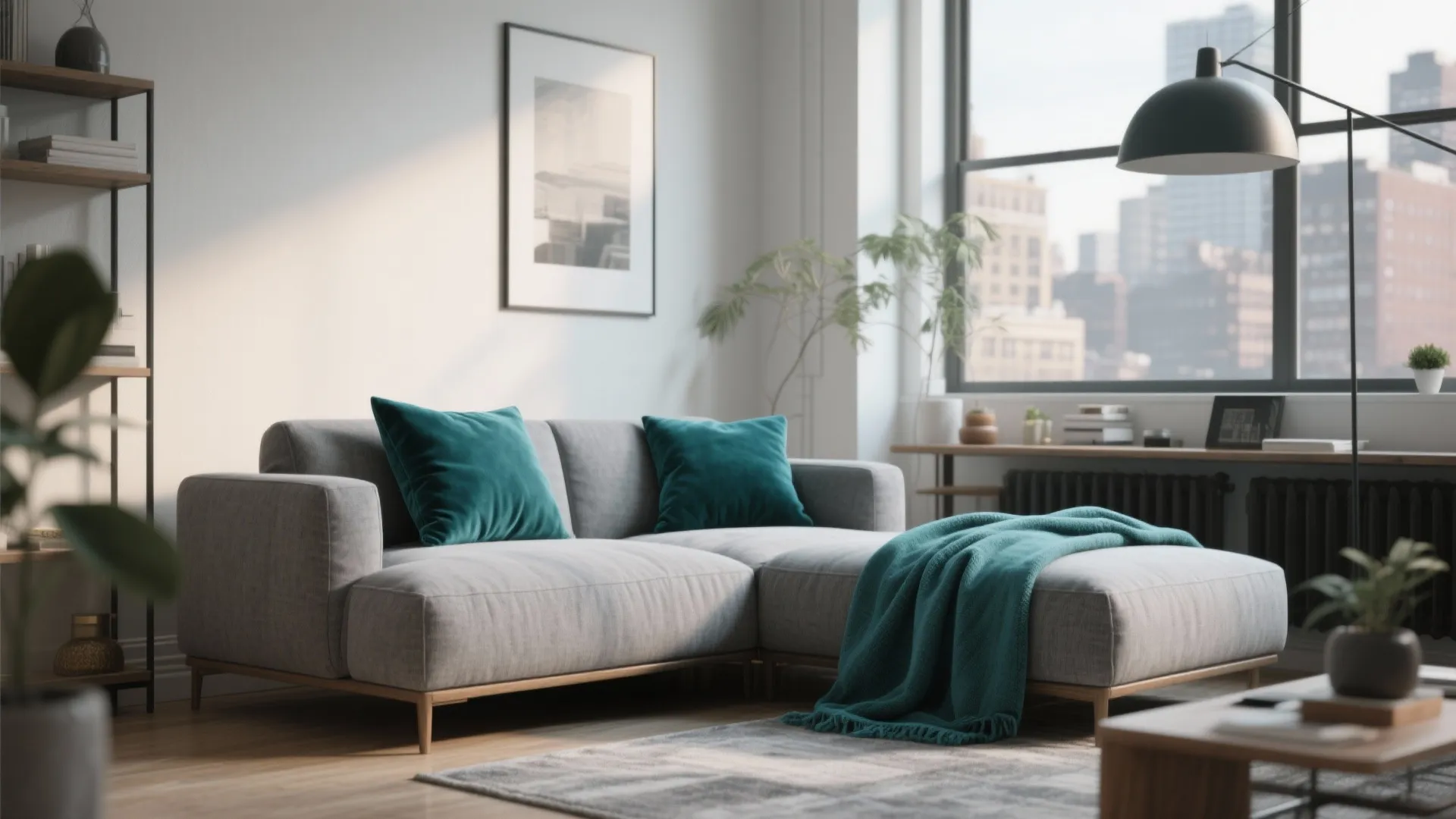 1. Minimalist Grey Sofa with Teal Accents
