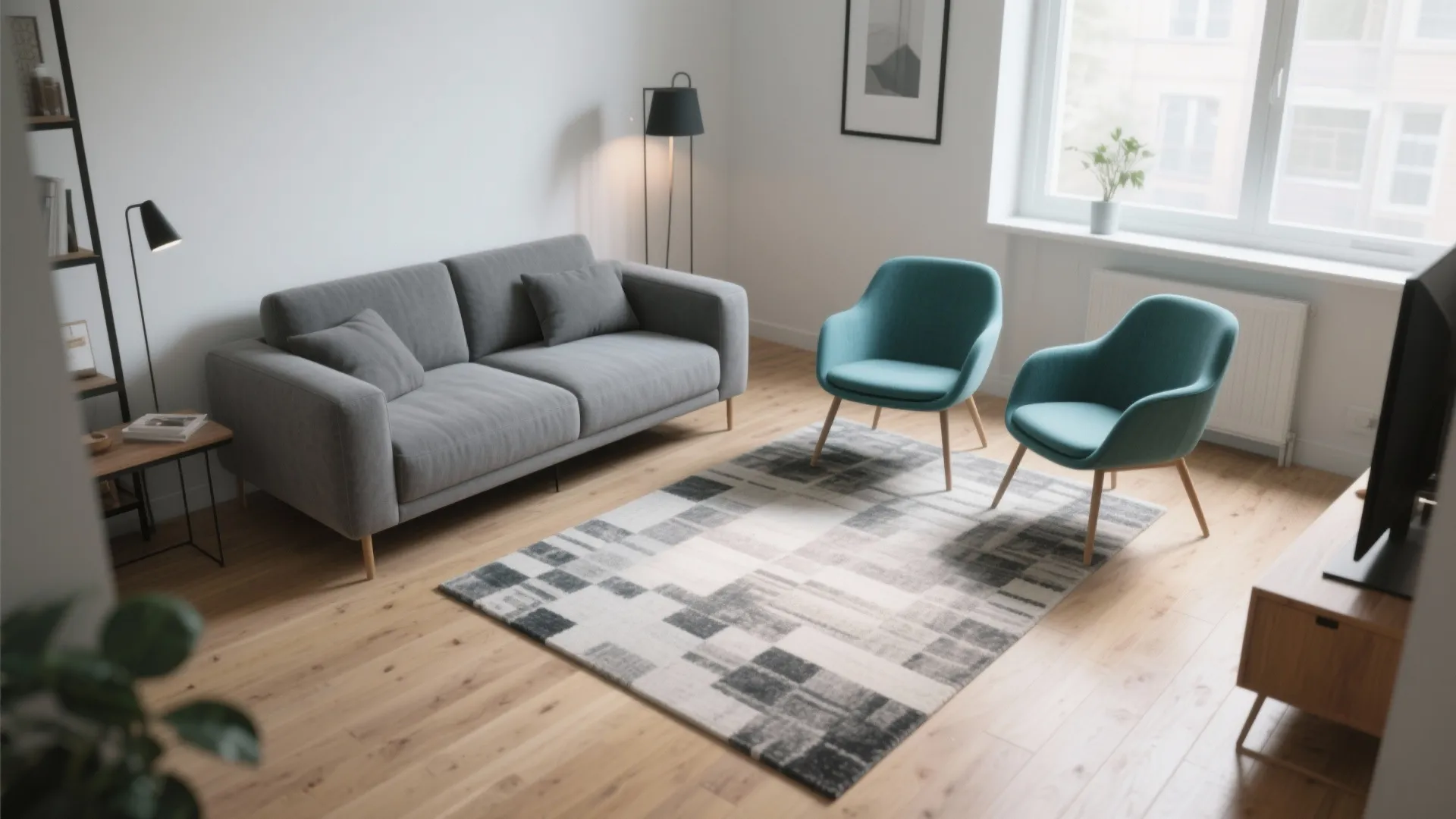 1. Minimalist Grey Sofa with Teal Accent Chairs