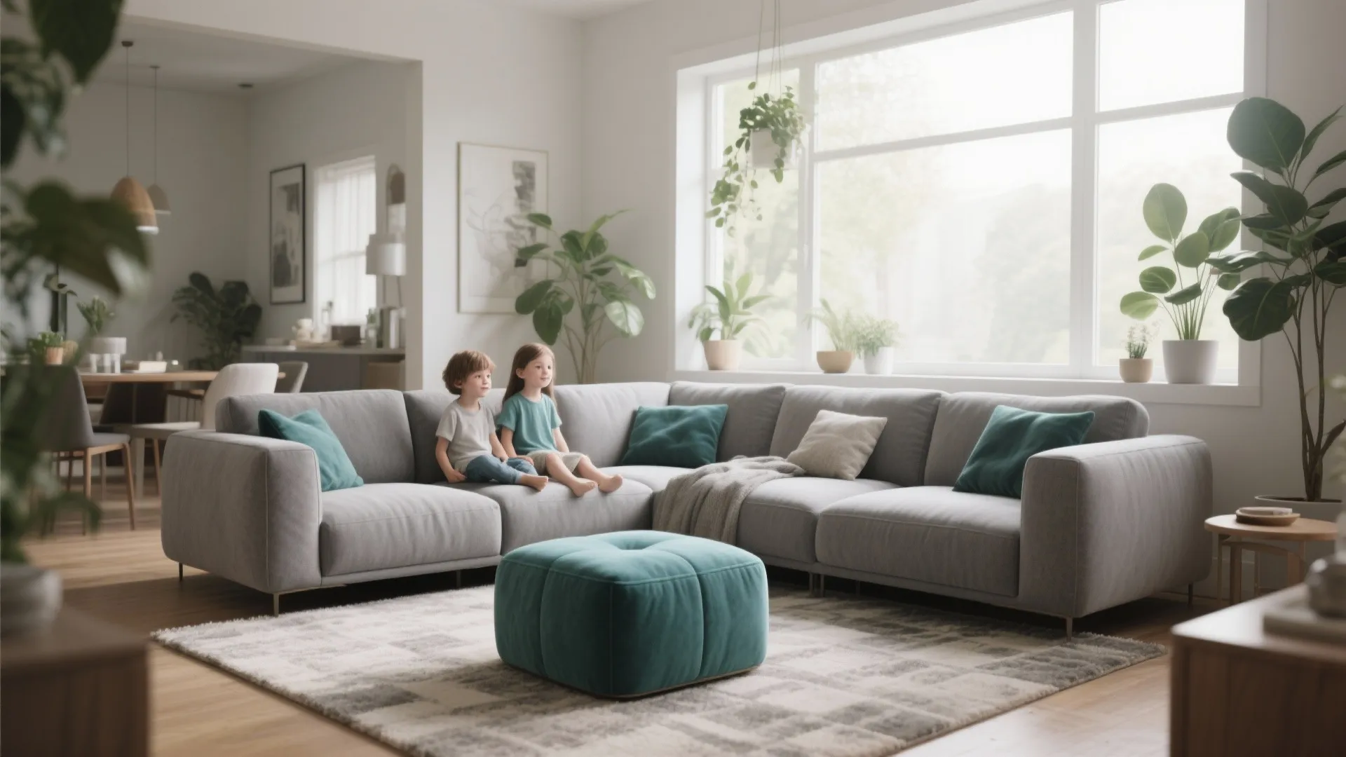 7. Grey Modular Sofa and Teal Ottoman